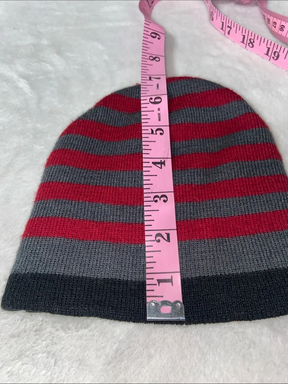 Striped Knit Beanie Hat in Red & Gray